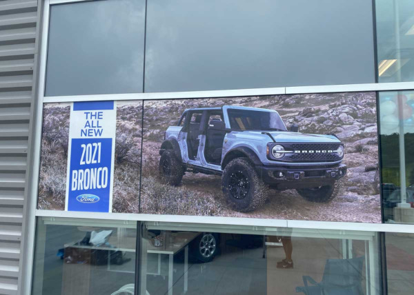 Custom window decals advertising the 2021 Ford Bronco