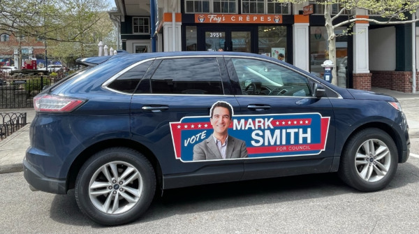 "Vote Mark Smith for Council" magnetic vehicle sign