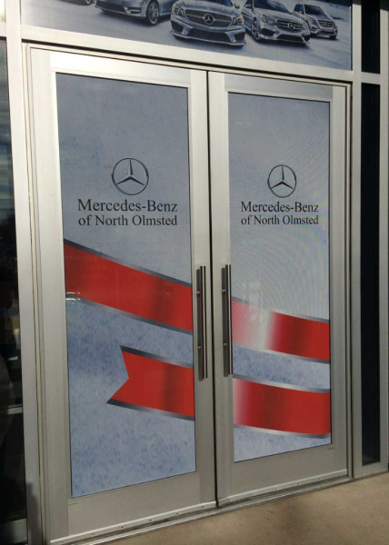 Door view-through decals at Mercedes-Benz dealership in North Olmsted, OH