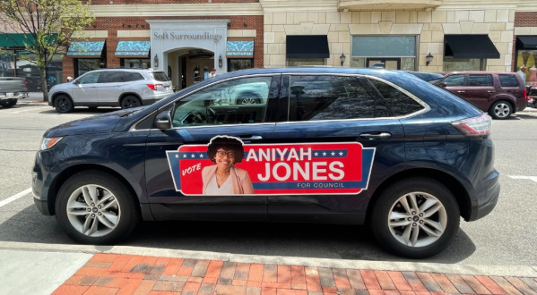 "Vote Aniyah Jones for Council" magnetic vehicle sign