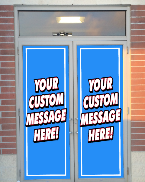 Oliver Signs & Advertising designs custom full-length vinyl glass door decals for storefront advertising.